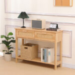 Console table Alenda pine wood-rattan in natural color 100x30x76cm
