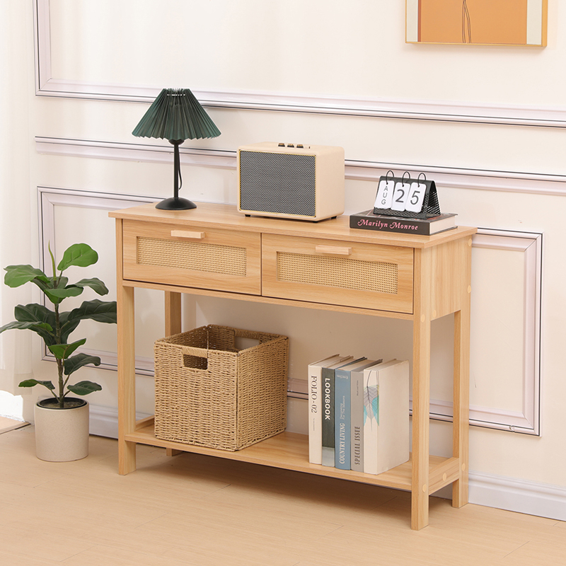 370-000042 Console table Alenda pine wood-rattan in natural color 100x30x76cm - Image 1