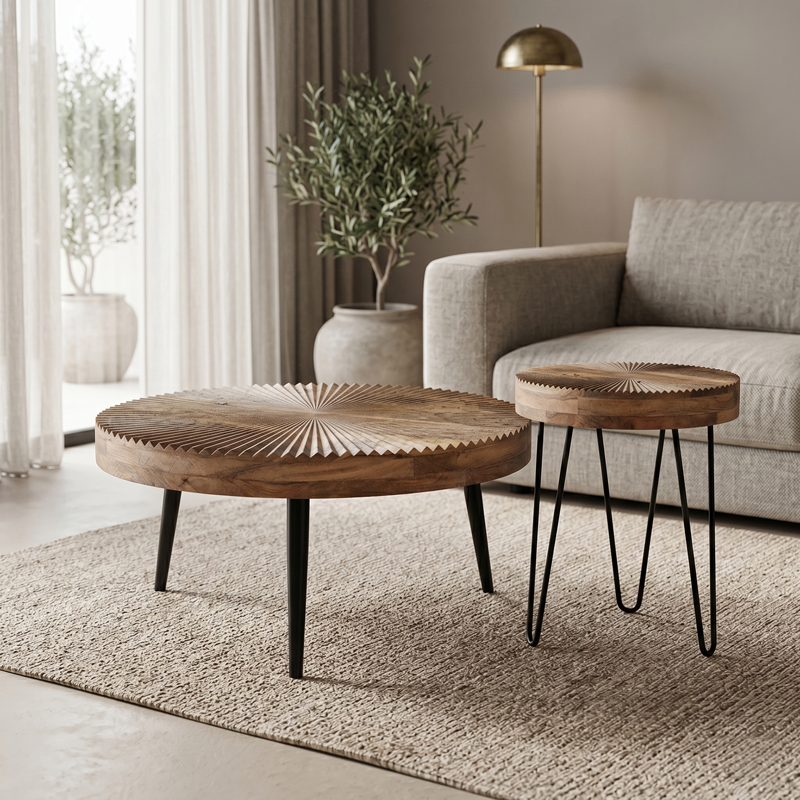 372-000053 Set of 2 pieces coffee tables Lemia mango wood in natural color and black metal leg - Image 1