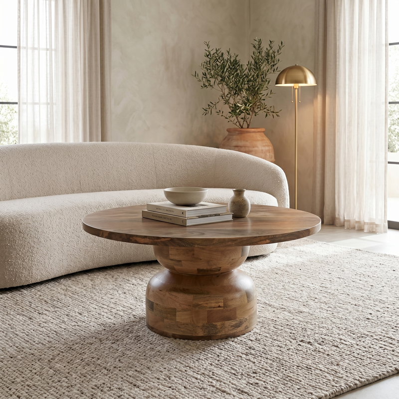 372-000057 Table Zoulen natural color walnut mango wood Φ80x40cm - Image 1