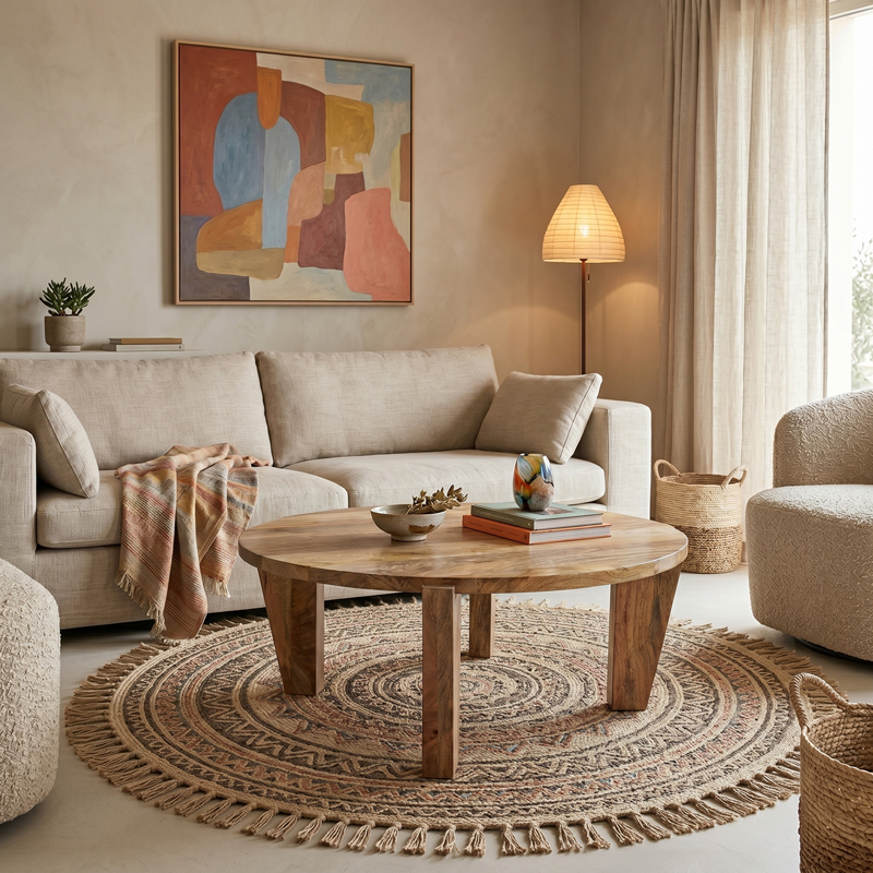 372-000059 Coffee table Japandi natural color mango wood Φ90x35cm - Image 1
