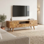 Tv stand Firpo solid acacia wood in natural color 130x35x45cm