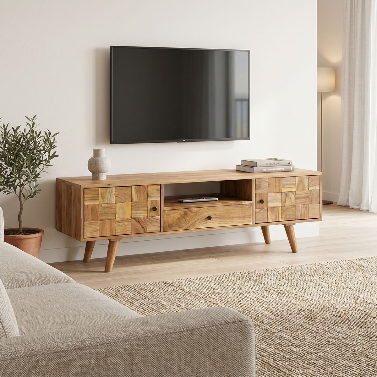 379-000058 Tv stand Firpo solid acacia wood in natural color 130x35x45cm - Image 1