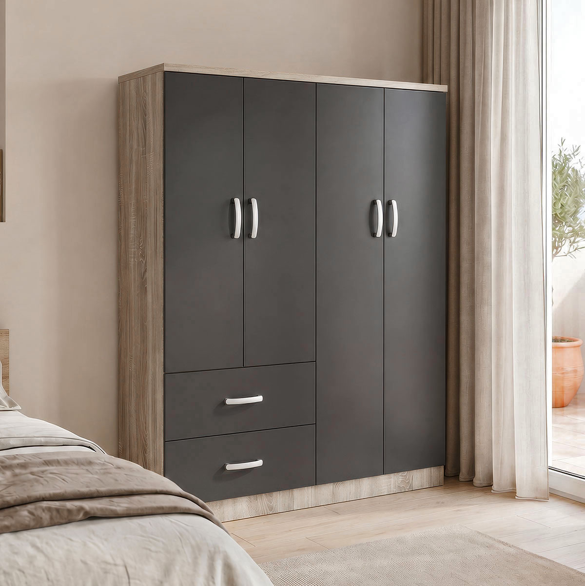 383-000213 Four-door wardrobe with 2 drawers Athos anthracite-sonoma 120.5x42x181cm - Image 1