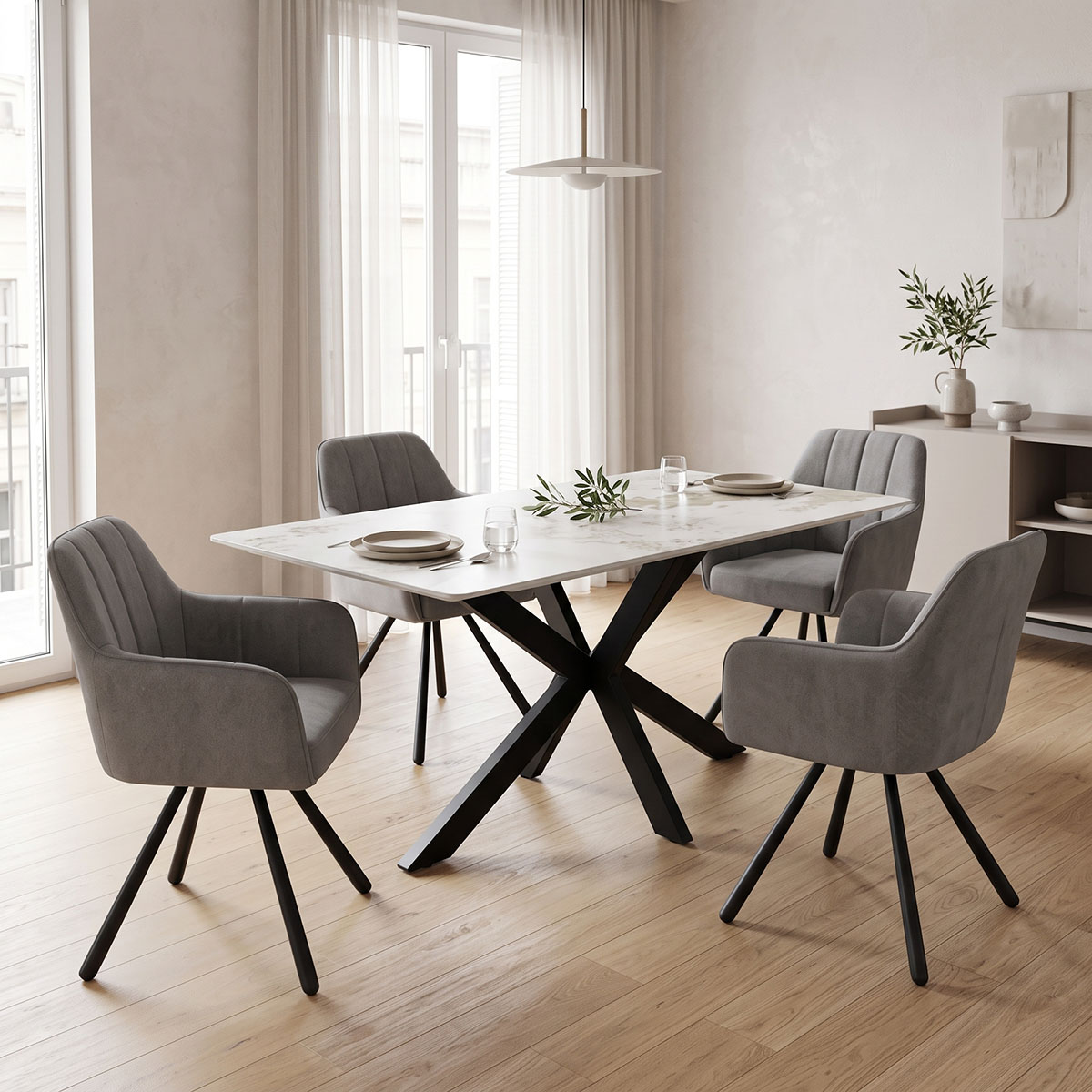 390-000028 Table Bethan sintered stone-metal white marble look-black 160x80x75cm - Image 1