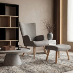 Armchair with footstool Gerlina light grey fabric and legs in natural color 71x64x94cm - Image 2