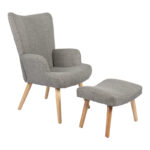 Armchair with footstool Gerlina light grey fabric and legs in natural color 71x64x94cm