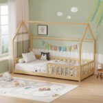 Children's bed Bambie with railing Montessori pine wood in natural color 90x190cm - Image 2