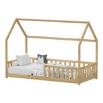Children's bed Bambie with railing Montessori pine wood in natural color 90x190cm