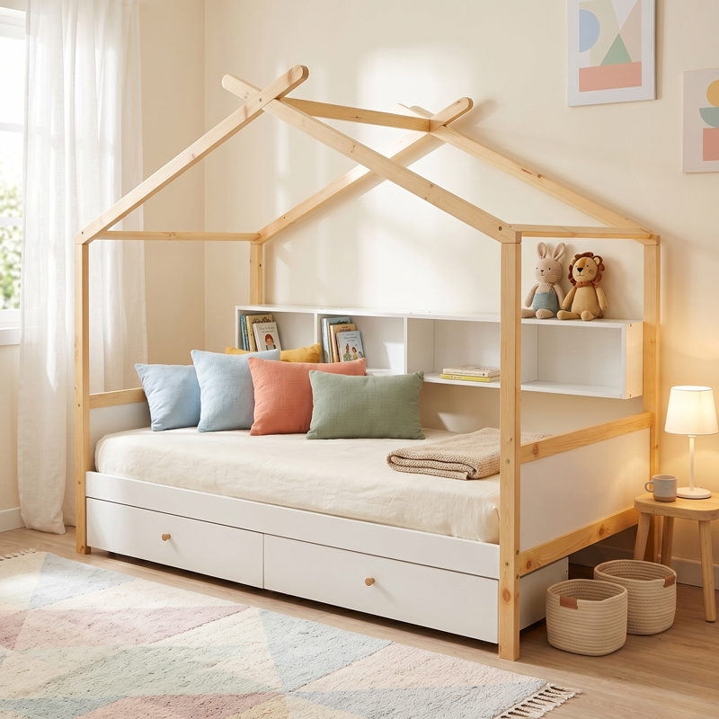 412-000012 Children's bed Discovery Montessori pine wood white-natural 90x190cm - Image 1