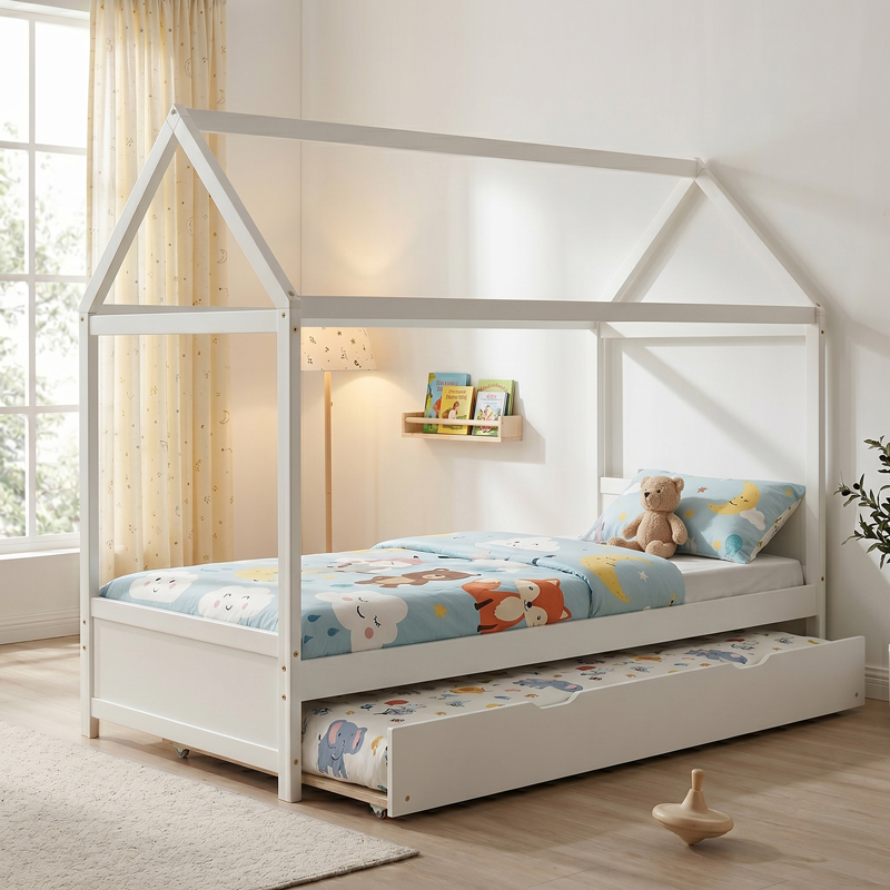 412-000013 Children bed DreamHouse Montessori with sliding bed pine wood white 90x190cm - Image 1
