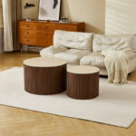 Coffee table Nelba set 2pcs walnut MDF with beige travertine look ceramic surface