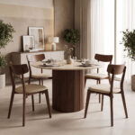 Sikulu oak MDF table with ceramic surface in beige travertine look D125x77cm