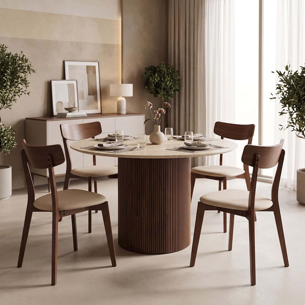 413-000004 Sikulu oak MDF table with ceramic surface in beige travertine look D125x77cm - Image 1
