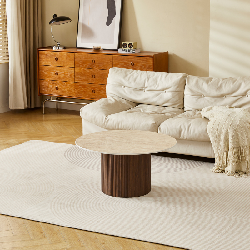 413-000006 Sikulu mdf walnut table - beige travertine finish D80x40cm - Image 1