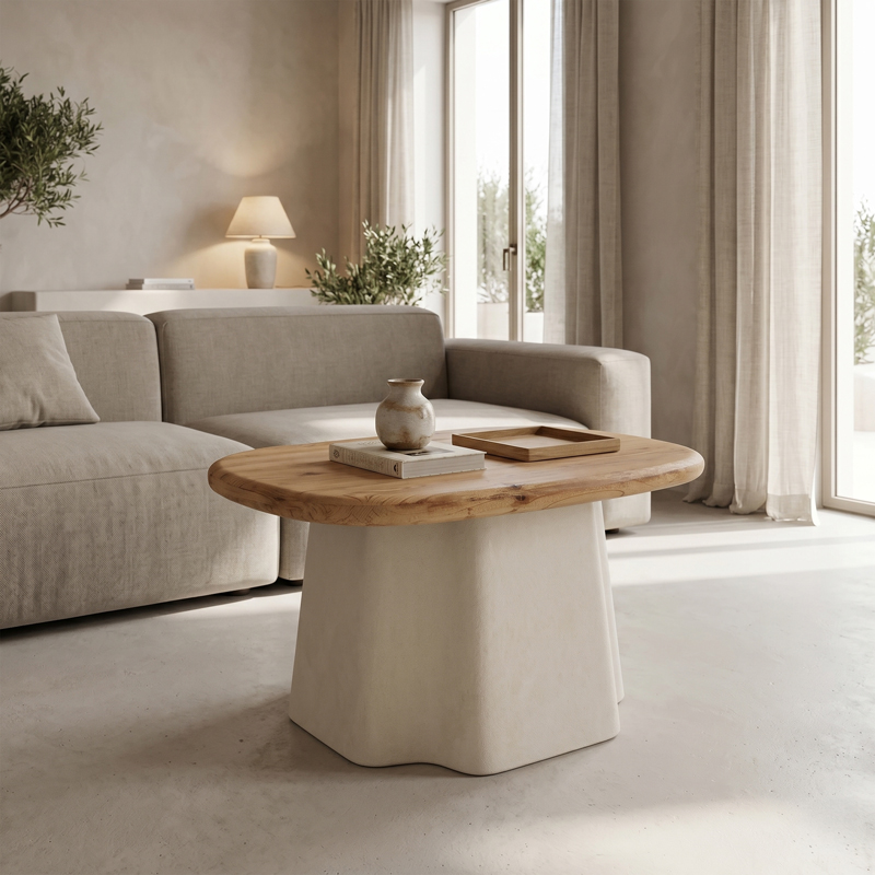 415-000001 Coffee table Loberta fir wood-mdf in natural-white color D60x43cm - Image 1