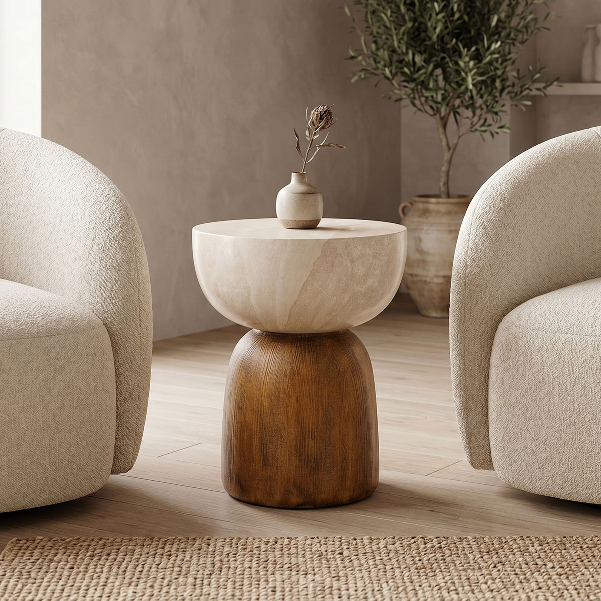 419-000027 Isaka side table, MGO, cream-wood look, D38x48cm - Слика 1