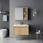 Sinkea oak color countertop with sink and mirror