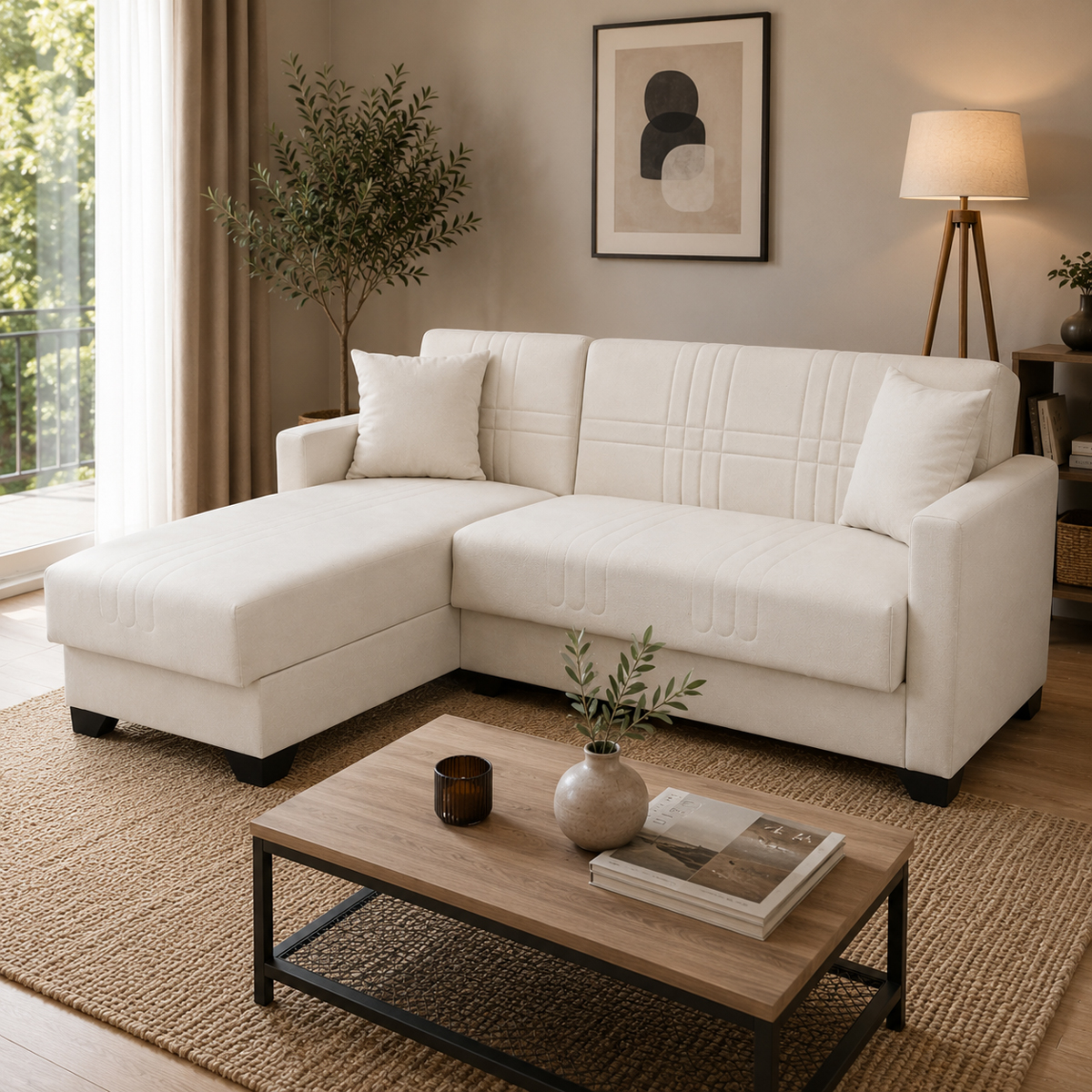 436-000001 Corner sofa bed reversible with storage space Stashio cream fabric 202x143x84cm - Image 1