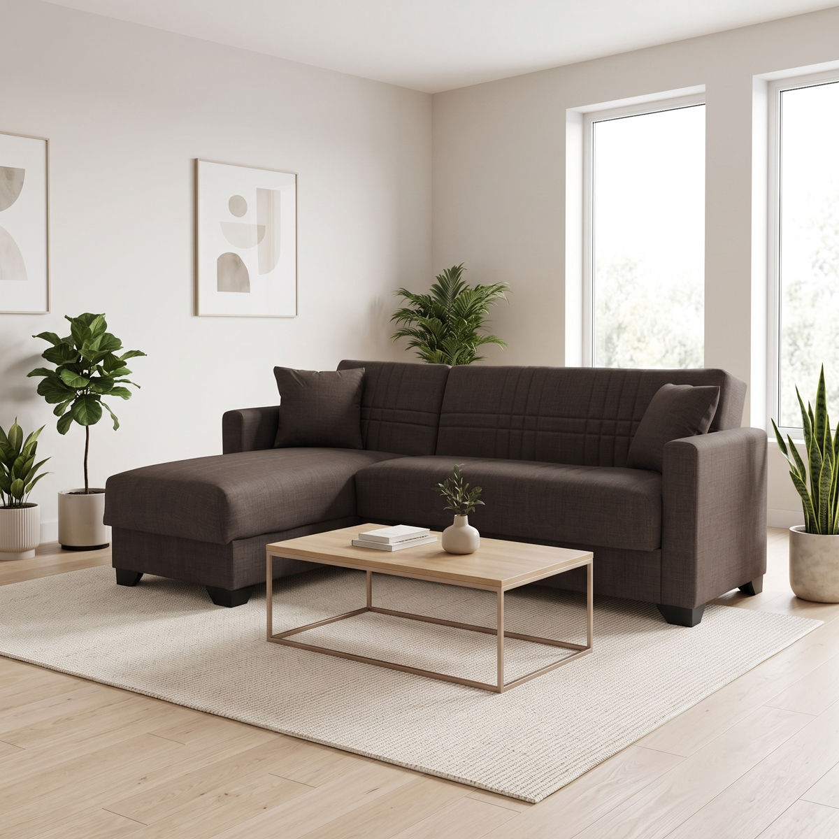 436-000003 Corner sofa bed reversible with storage space Stashio brown fabric 202x143x84cm - Image 1