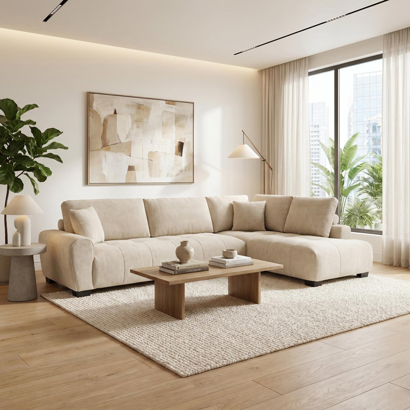 074-000091 Corner sofa Vaneto left corner beige fabric 298x208x85cm - Слика 1