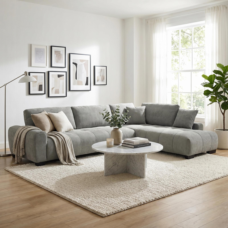 074-000092 Corner sofa Vaneto left corner grey fabric 298x208x85cm - Слика 1