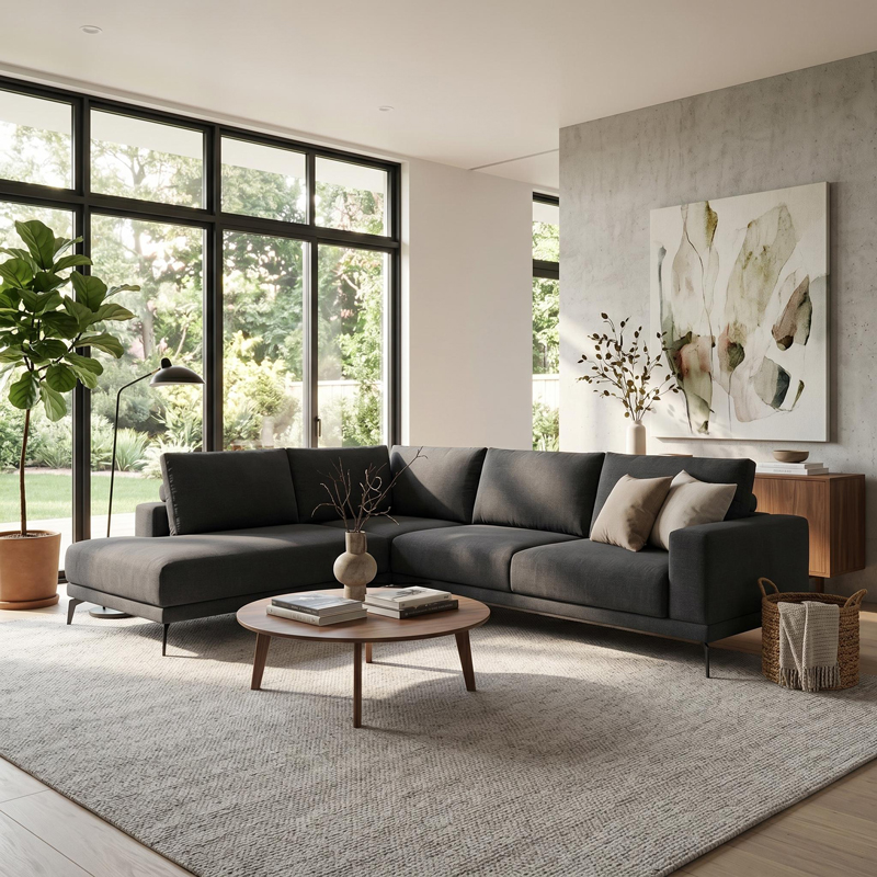 074-000104 Right corner sofa Selio anthracite fabric 300x240x100cm - Слика 1