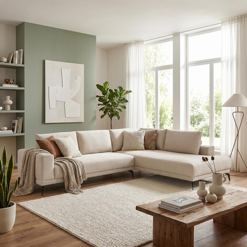 074-000105 Left corner sofa Selio beige fabric 300x240x100cm - Слика 1