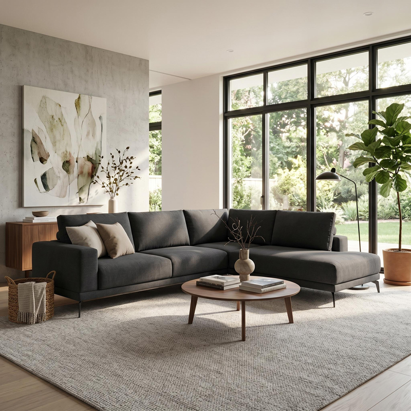 074-000106 Left corner sofa Selio anthracite fabric 300x240x100cm - Слика 1