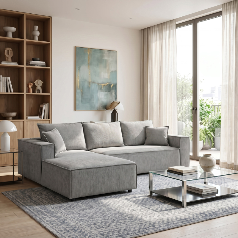 074-000111 Right corner sofa Maden grey fabric 279x203x90cm - Слика 1