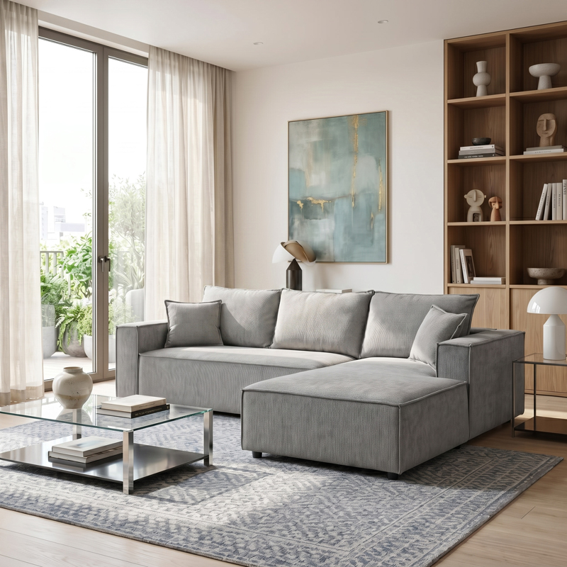 074-000113 Left corner sofa Maden grey fabric 279x203x90cm - Слика 1