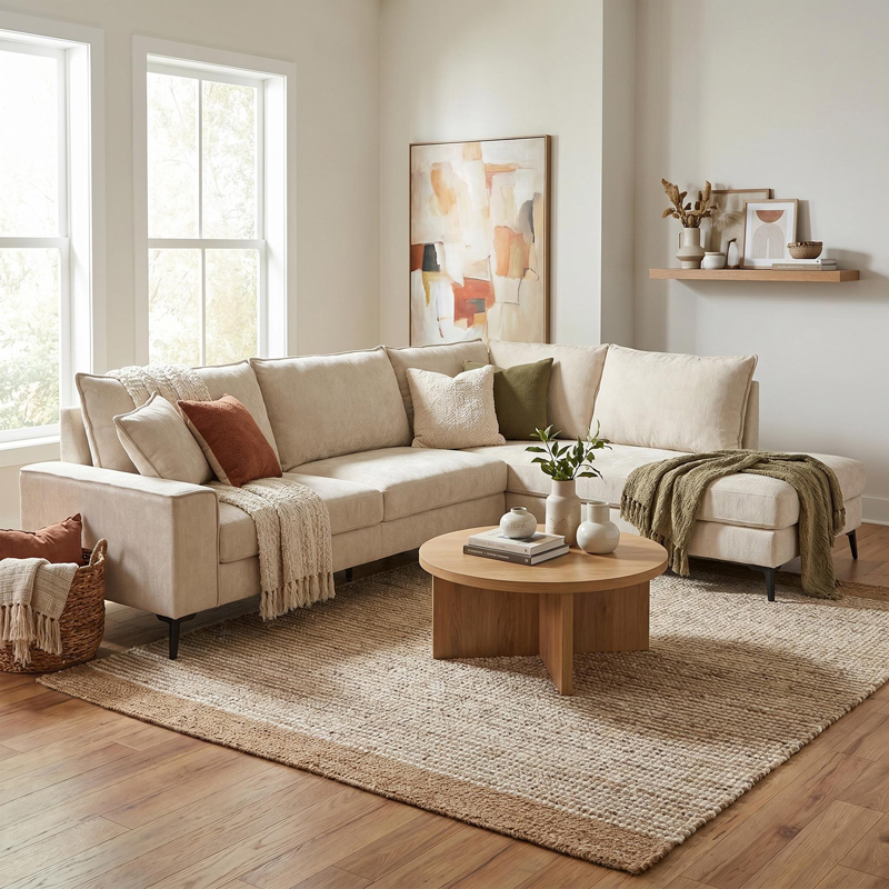 074-000118 Left corner sofa Zenqua beige fabric 291x233x90cm - Слика 1