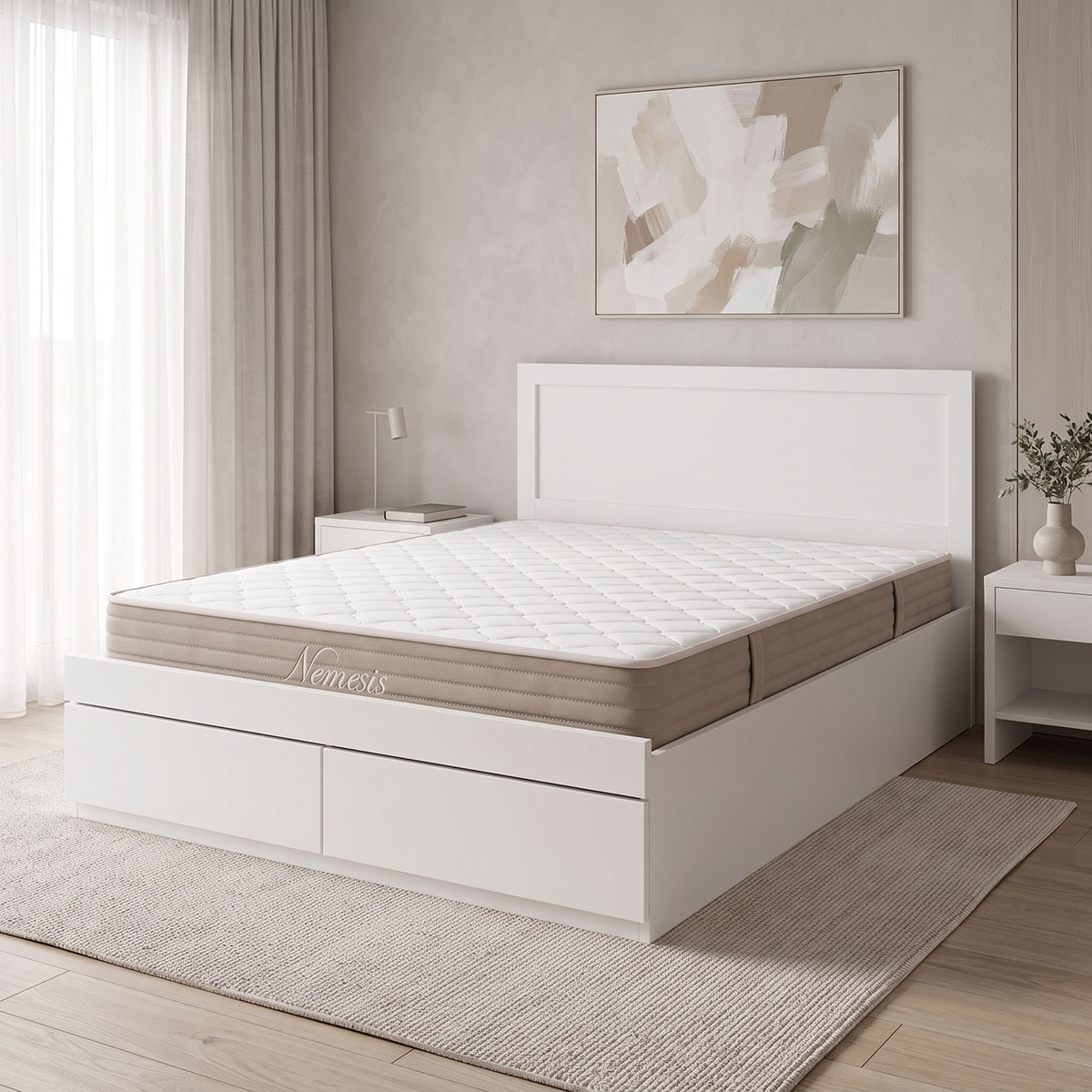 200-001810 Bed with drawer and mattress Olympus-Nemesis white 150x200cm - Image 1