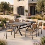Dining set Dagyn Breze set 7pcs anthracite aluminum with natural shade 180-240x90x76cm