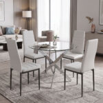 Dining Set with Parker white Chairs and Antoro Table glass with chrome base Φ100x75cm Set 5pcs