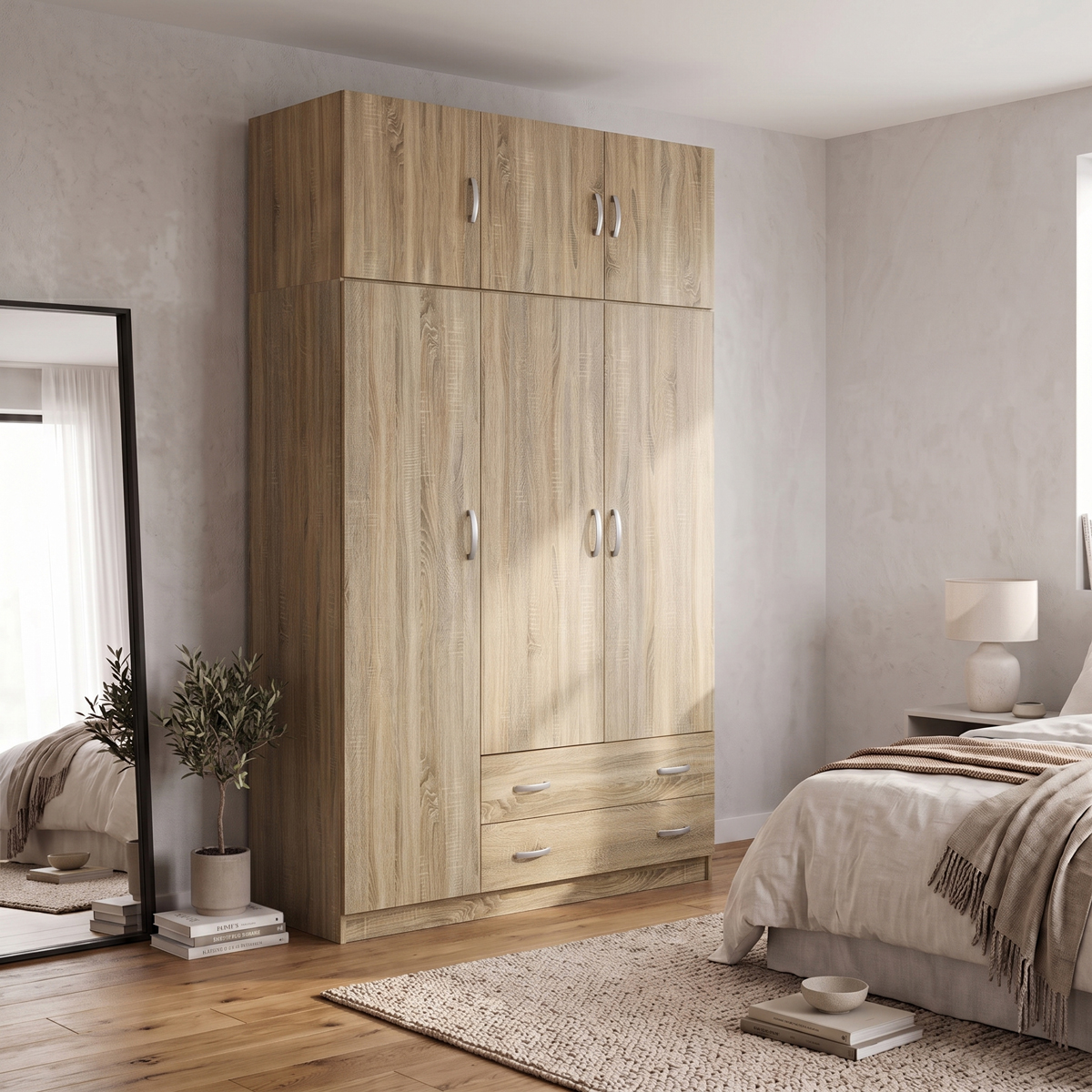 200-002081 Three door wardrobe with overhead storage Alvia sonoma 150x51x240cm - Слика 1