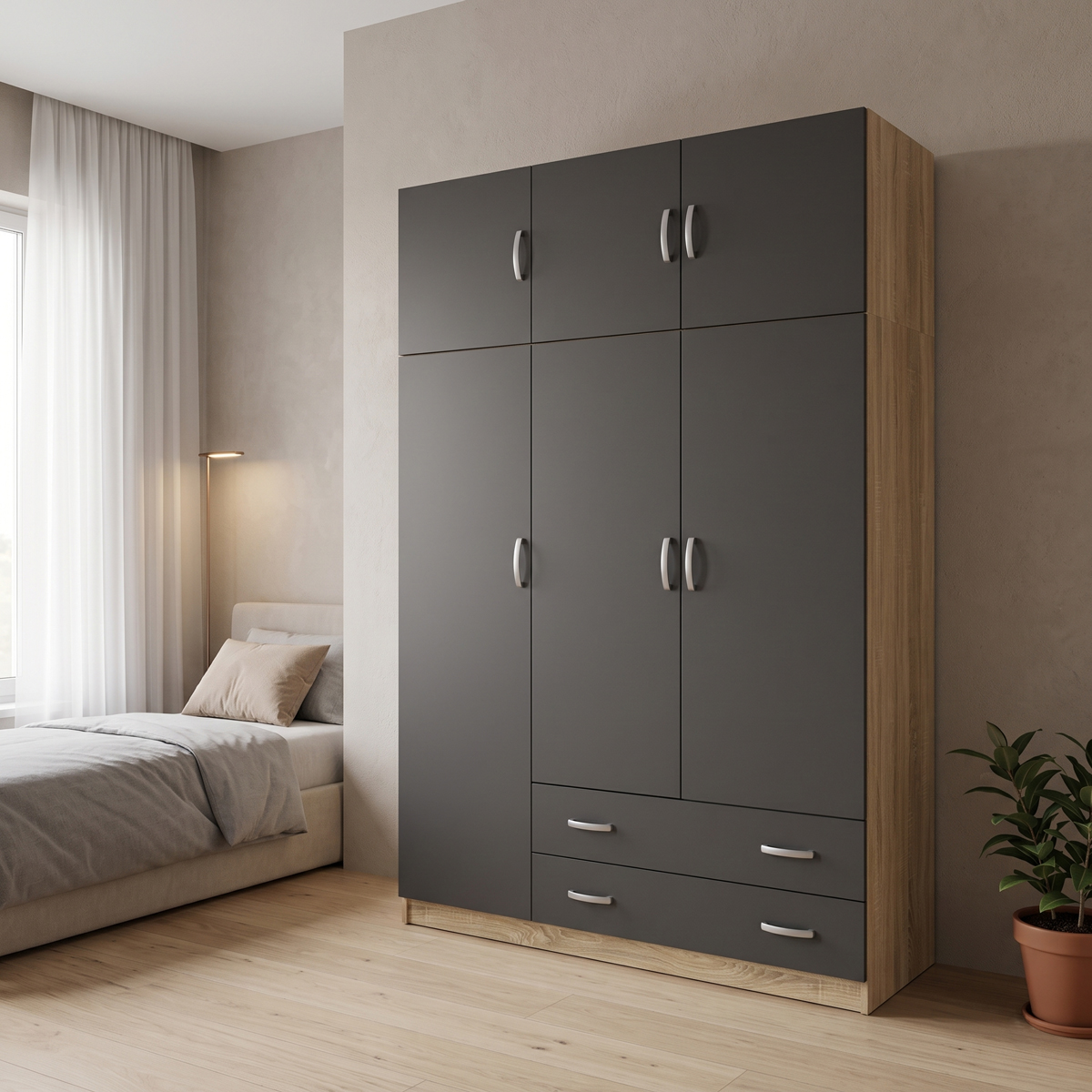 200-002083 Three door wardrobe with overhead storage Alvia sonoma with anthracite 150x51x240cm - Слика 1