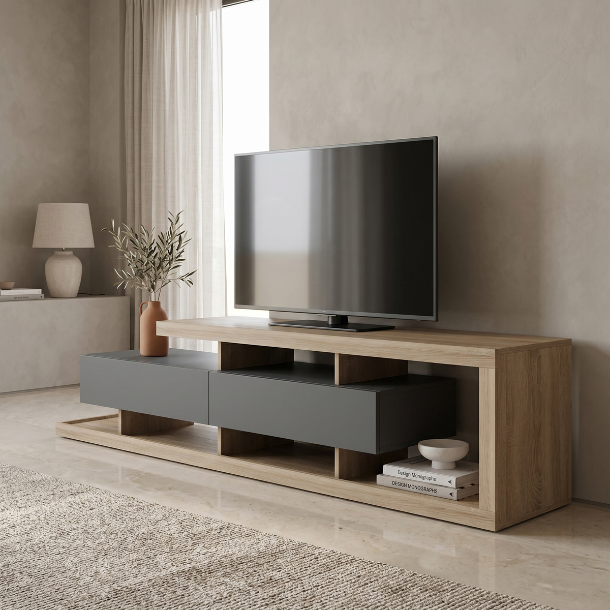230-000281 Tv stand Arbero anthracite-sonoma 198x40x45cm - Слика 1