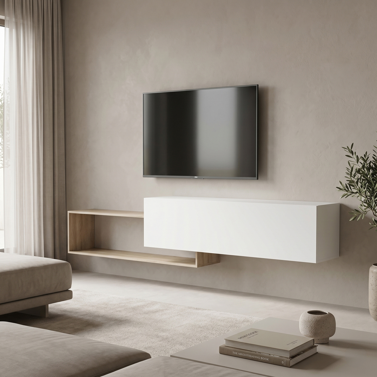 230-000283 Wall mounted Tv stand Olande sonoma-white 210x35x48cm - Слика 1