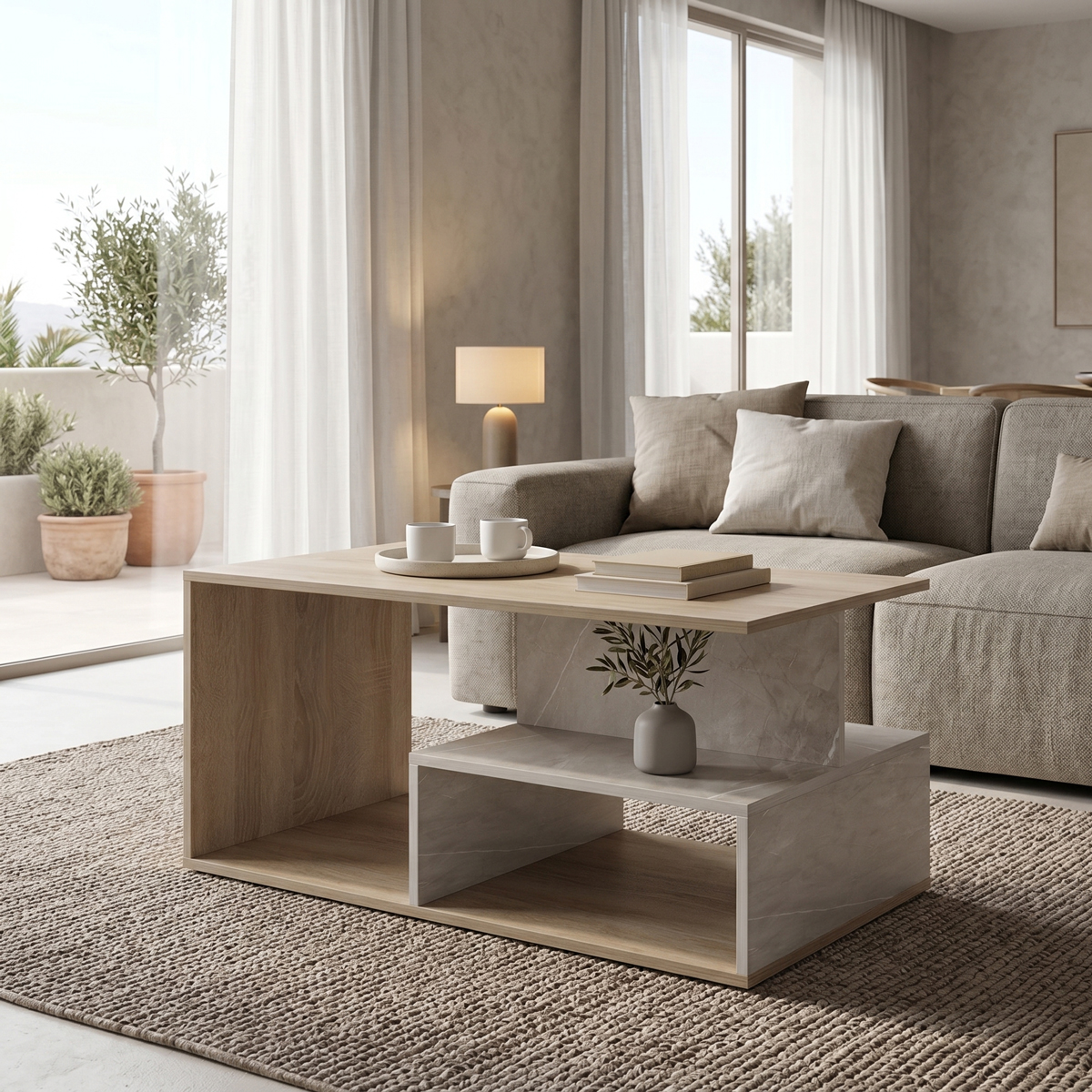 230-000293 Coffee table Kelena sonoma-beige marble look 90x51x43cm - Слика 1