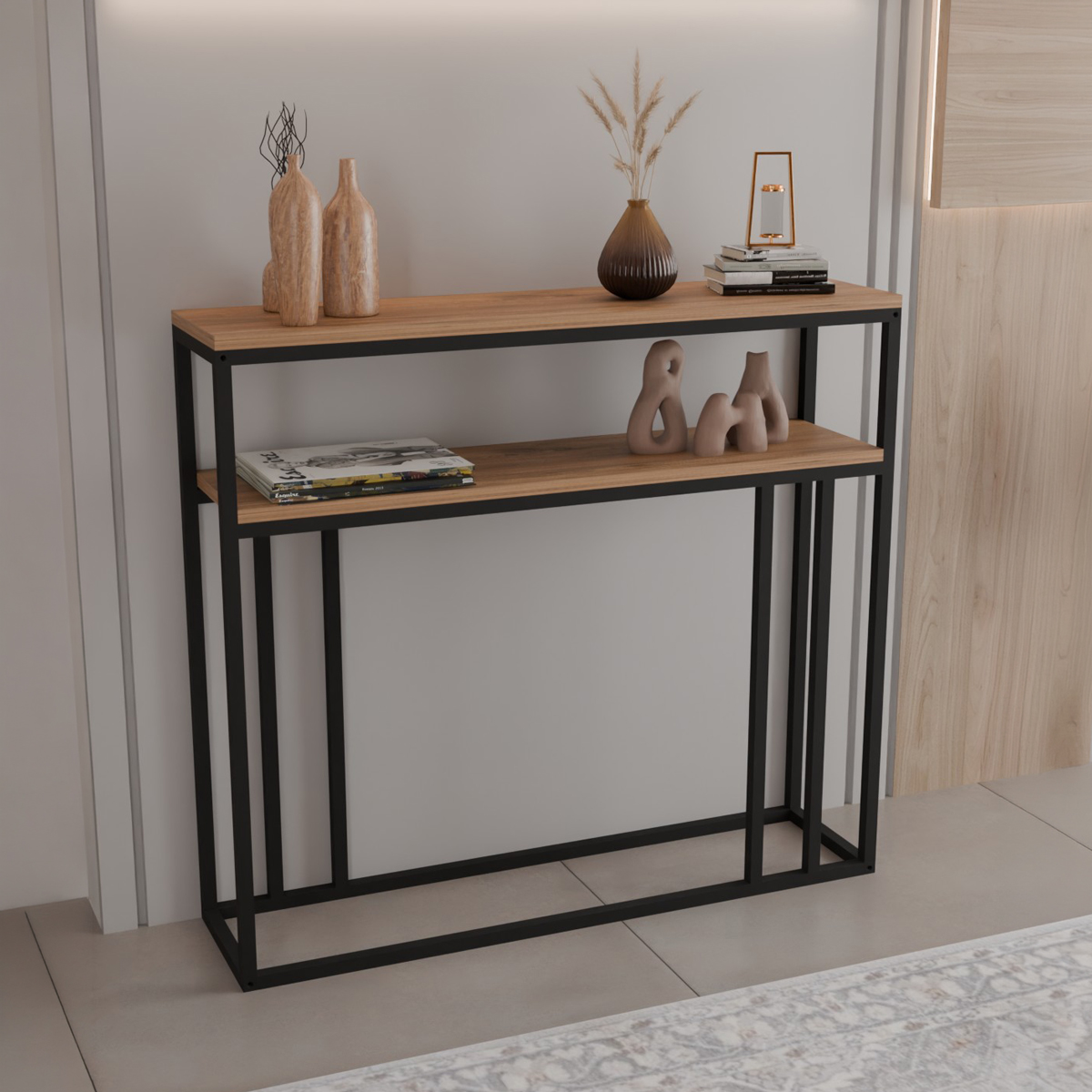 321-000119 Daleti console in oak color with black metal frame 100x25x90cm - Image 1