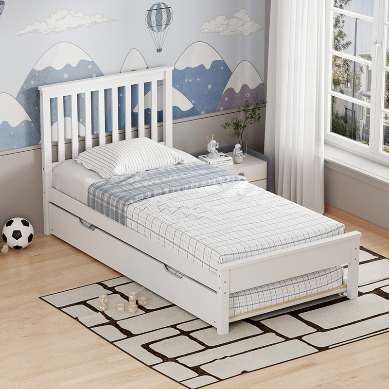 370-000045 Bed Benia with trundle bed pine wood in white color 90x190cm - Image 1