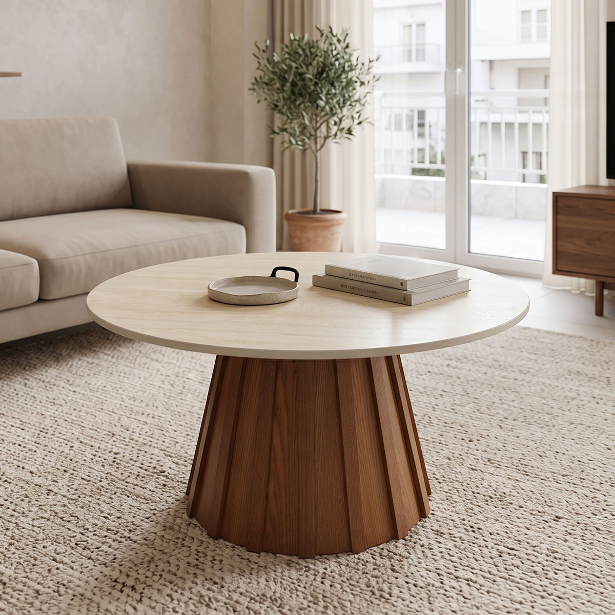 029-000442 Coffee table Franzel sintered stone in travertine look-mdf walnut D80x40cm - Image 1