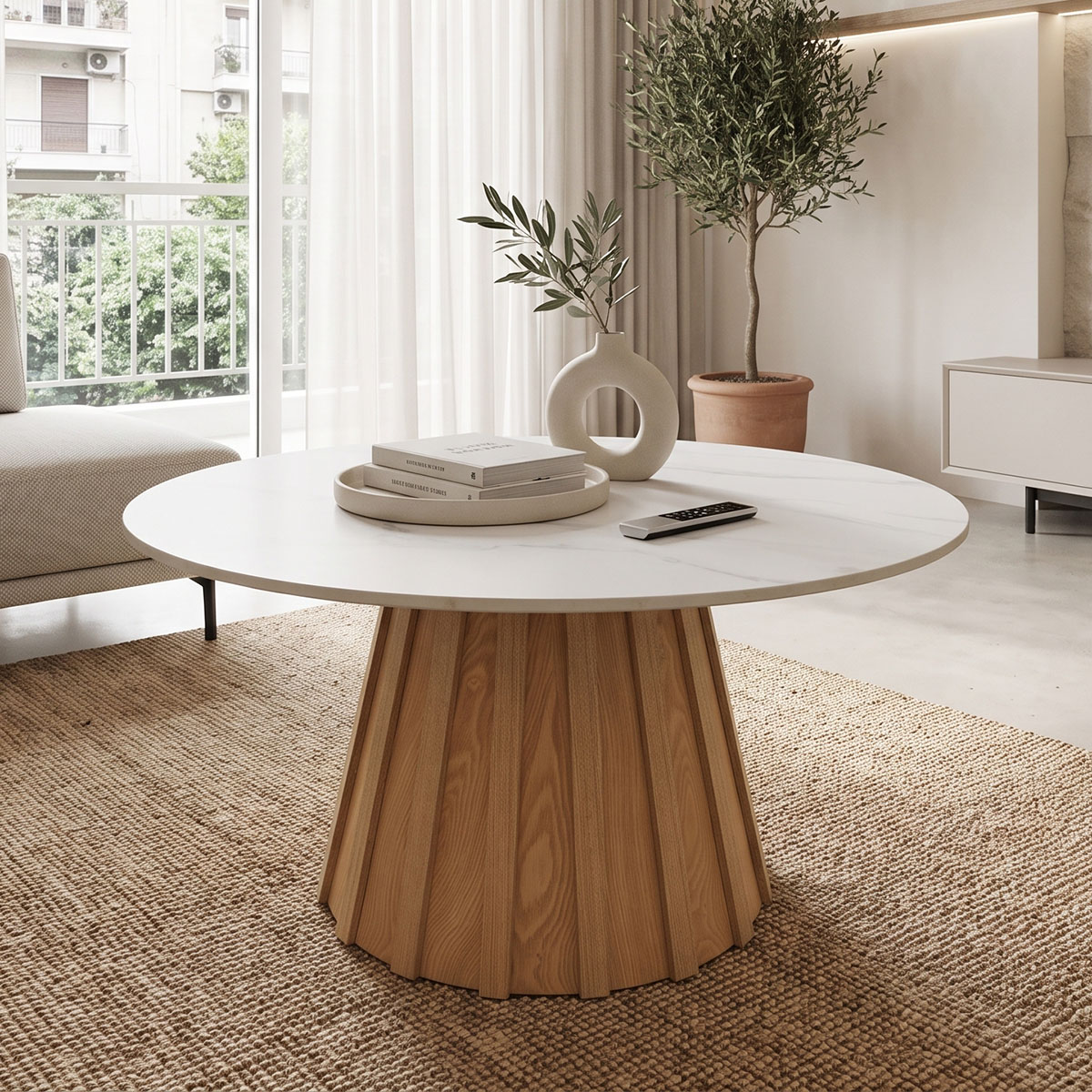 029-000443 Coffee table Franzel sintered stone in marble look-mdf in natural shade D80x40cm - Слика 1