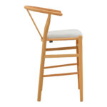 Middle-height bar stool Wishbone rubberwood-fabric in natural-grey color 51x60x95cm - Image 4