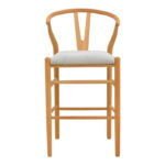 Middle-height bar stool Wishbone rubberwood-fabric in natural-grey color 51x60x95cm - Image 5