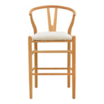 Middle-height bar stool Wishbone rubberwood-fabric in natural-beige color 51x60x95cm - Image 5
