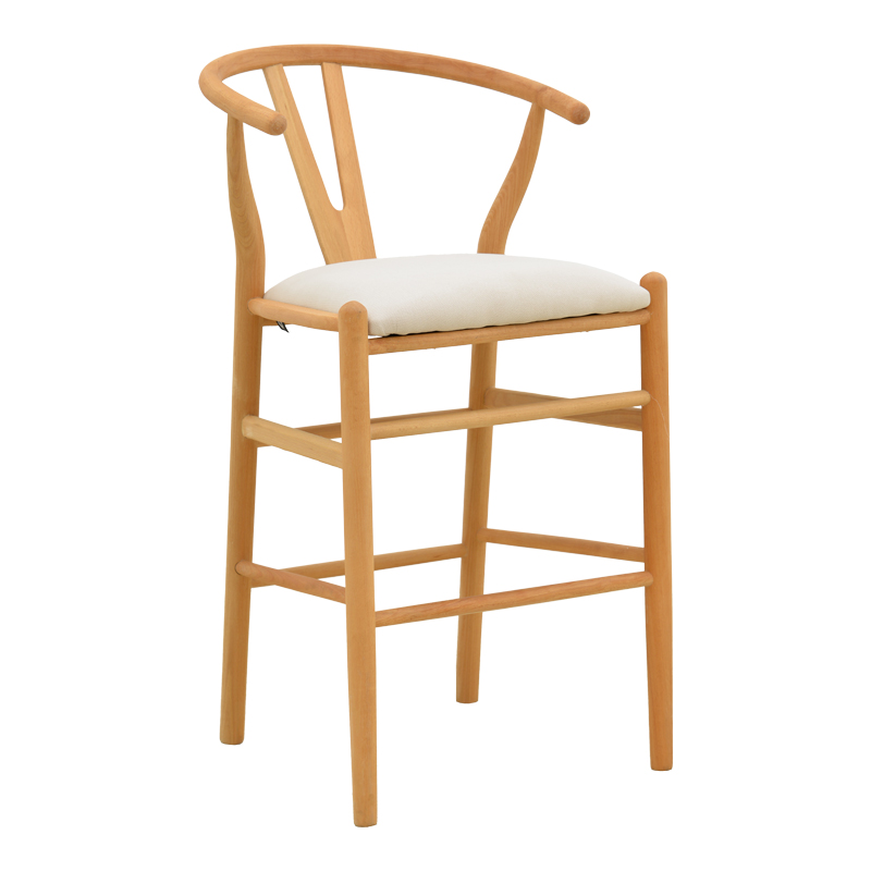 029-000465 Middle-height bar stool Wishbone rubberwood-fabric in natural-beige color 51x60x95cm - Image 1