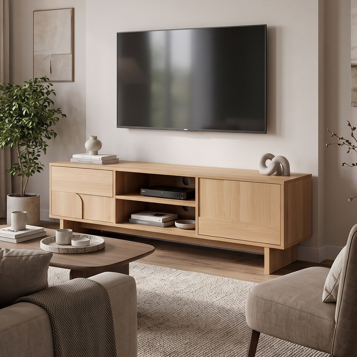 086-000029 Jenfia mdf tv stand in natural shade 150x39x45.5cm - Слика 1