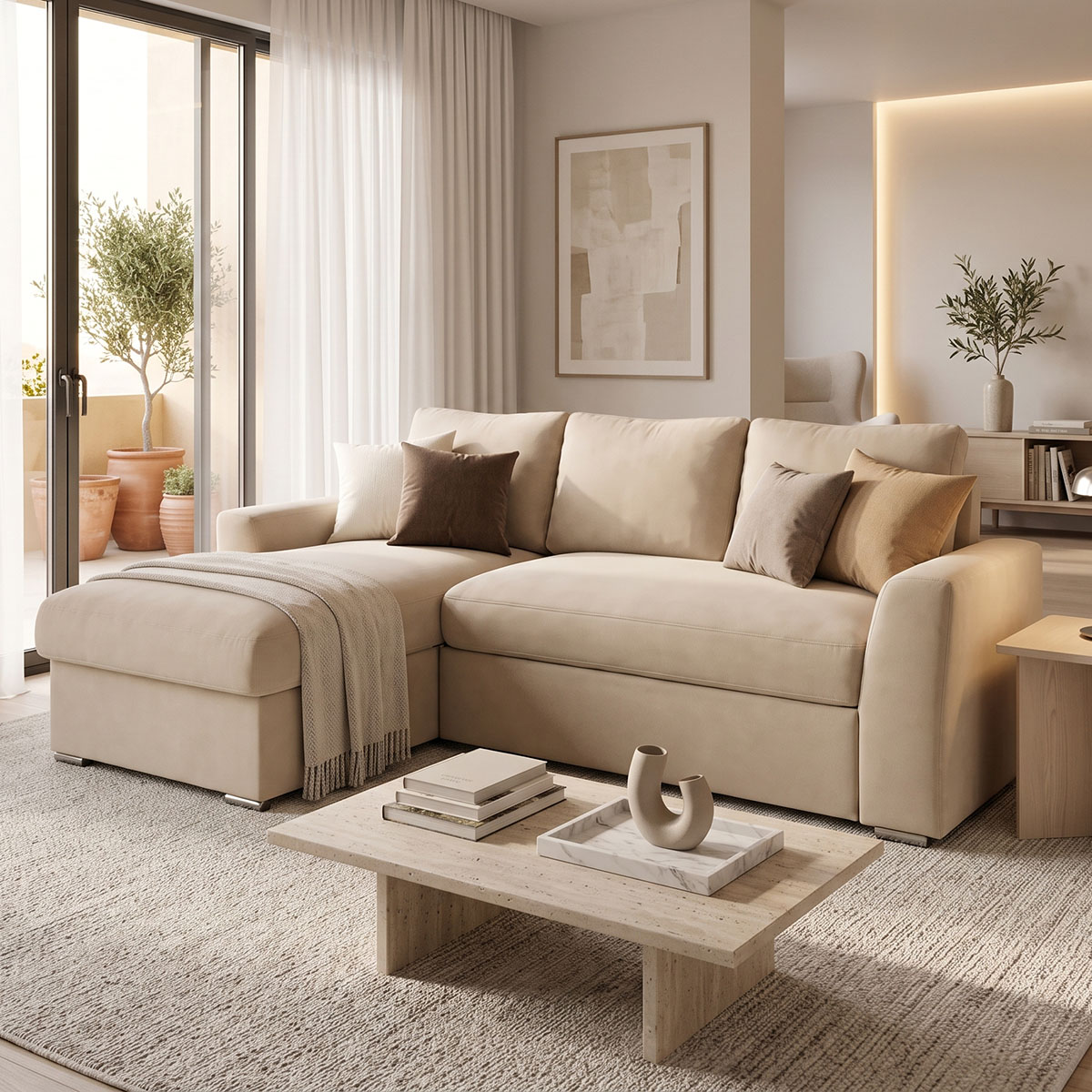 165-000017 Belle reversible corner sofa bed beige fabric 236x164x88cm - Image 1